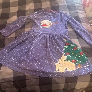 Mini Boden Christmas long sleeve dress with rabbits and Christmas tree